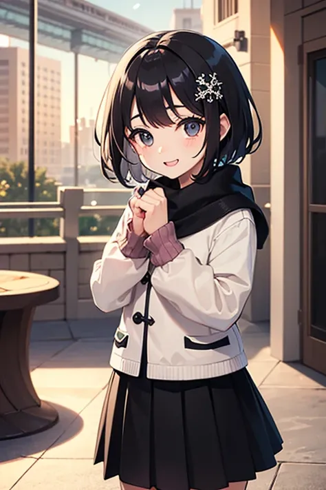  highest image quality taken by Ki、whole、 black hair、 black eyes、 short hair、 girl、 cute、 private clothes、Winter clothes、 fashionable、 skirt、 black stockings、Around town、Petite、 small hair ornament、1 person、 happy expression、 punch