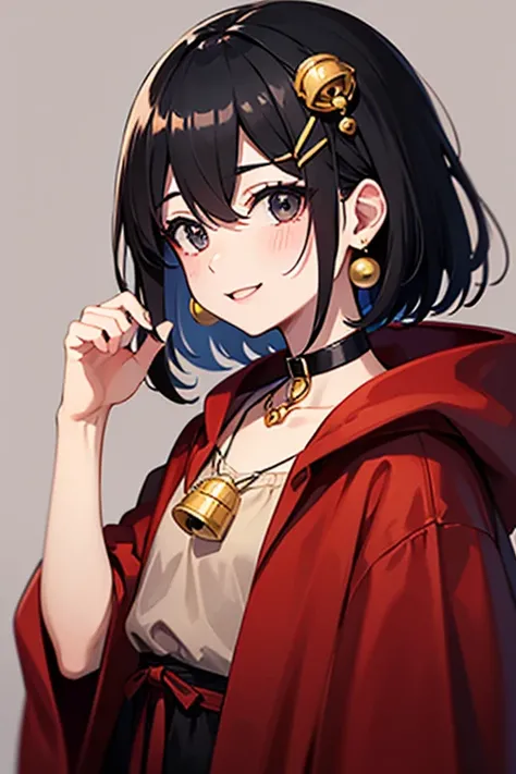  highest image quality taken by Ki、whole、 black hair、 black eyes、 short hair、 girl、 cute、 red cloak、Choker with a bell around the neck、Petite、 small hair ornament、1 person、 happy expression、 punch