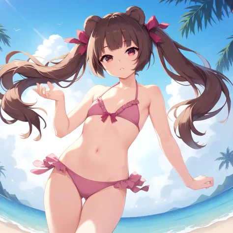 masterpiece, best quality, wallpaper, 1 cute small girl, short darck brown hair, straight hair, straight bangs, fringe, twintails, bear ears, crimsonn eyes, flat chest, pink bikini, sexy navel, legs, floating in sky, a navel closeup, warm soft lighting, th...