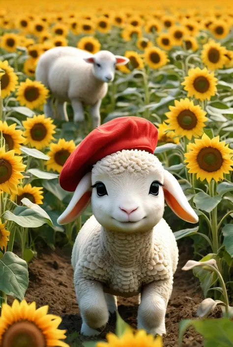   Create an image of a field of yellow and orange sunflowers ,  with the Chibi Pixar style turtle in red beret on the head ,  playing in the fields in the company of a cute and adorable lamb.   include signature   [Anna]   in elegant letters in the lower c...