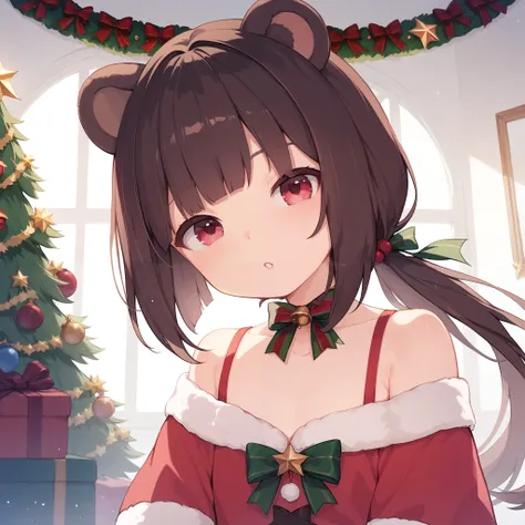 masterpiece, best quality, 1 cute small girl , short dark brown hair, straight hair, straight bangs, fringe, low ponytail, bear ears, crimson eyes, flat chest, christmas dress, on her room