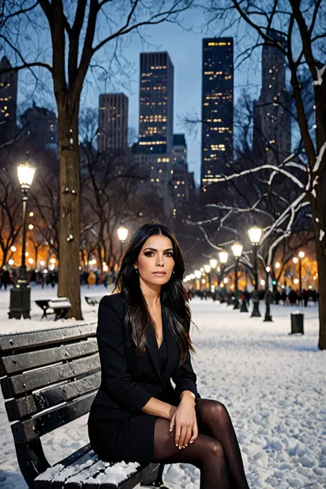 Professional and emotional photograph of a beautiful Spanish woman with long, straight and black hair,  professional makeup , Sitting on a bench in Central Park, at night, snow in piles scattered on the ground, light mist, illuminated skyscrapers. Ultra de...