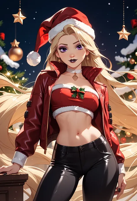 Rapunzel from Disney, Red jacket,  Christmas cap, black lipstick, Makeup purple ,  black pants ,  you can see her navel, in a den. 