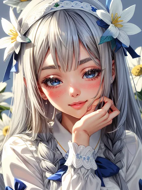 Teenage girl with light gray hair, anime style, holding a bouquet of white daisies and blue flowers, wearing a navy blue sailor uniform.  Soft and gentle expression, eyes closed in a peaceful and contemplative pose.  Detailed facial features, light blush o...