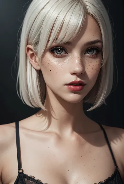 White haired girl, with bangs, Hairstyle, dark brown eyes, dark makeup, freckles, lipstick,1 girl1, Solo, High resolution,Bangs, Jewel, Glitter, POV, Masterpiece, Accurate, Anatomically correct, Best quality, Detail, HD Model, High Details, High Quality, Q...