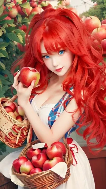 girl with red hair and blue eyes holding a basket of apples, with apple, wallaper, artstyle, style 4 k, digital art on pixiv, high quality artstyle, red apple, (girl), beautiful art style,  art wallpaper 4 k, art wallpaper 4k, candy apple,  wallpaper