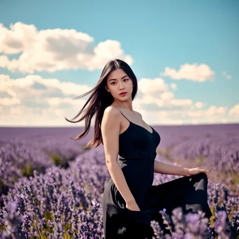 Ultra-realistic photograph of a stunning woman standing in a vibrant lavander field. She is wearing a flowing black dress with soft fabric details, her black hair cascading loosely, gently swayed by the wind. The lavander are vivid and radiant under golden...