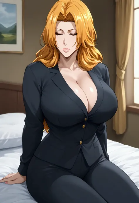 Big breasts and wide breasts. Her waist is thin. Rangiko Matsumoto wears black pajamas. Complex details are of high quality. Details of her body are sexy. She is sitting on the bed. Complex details on her breasts. I ask Al-Manni for complex details. An art...