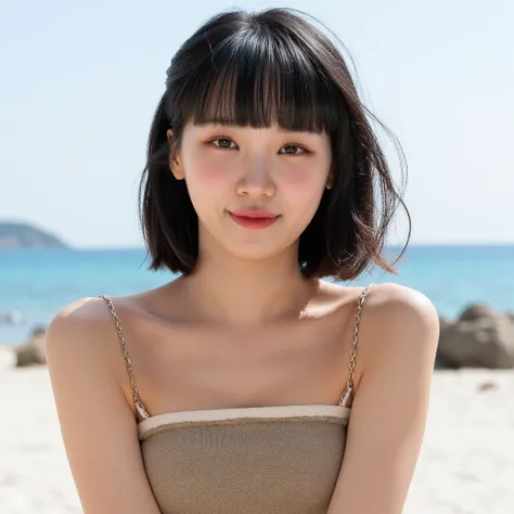 naked，She has a bombshell body and  、Wearing a bikini ,      pretends to be a fashion model but turns pale, (   beach   ),    beautiful details  ,  face ,風になびく髪, リボン, 