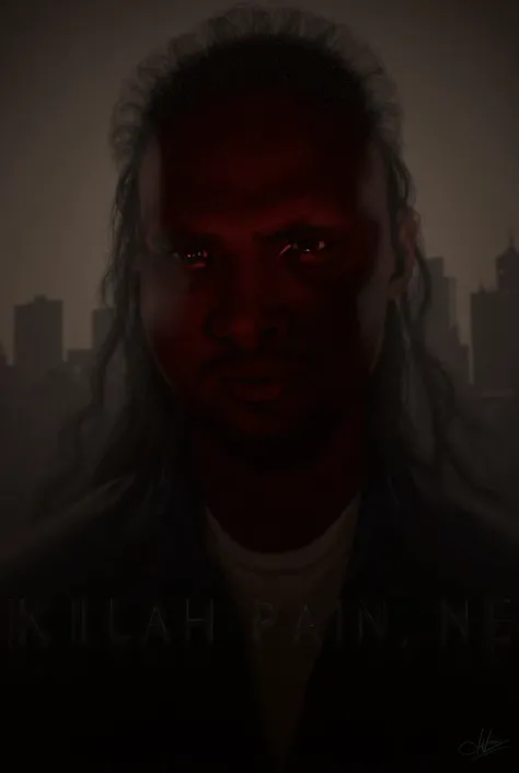 Create  an image of the Killah Pain, ne, a local rapper promoting my latest single. A dedication to my recently departrd dear mother. . Im a 47. No peicings please on me. 