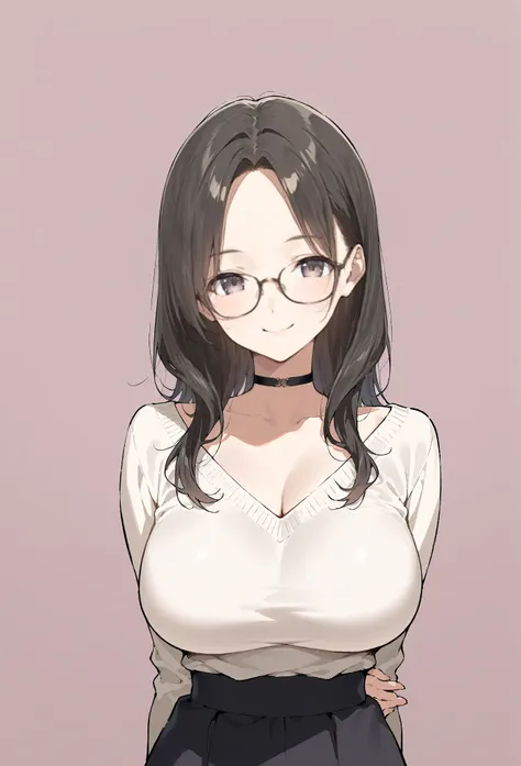 solo, innocent, cool woman, big breasts, busty body, slim waist, ((black long hair)) innocent housewife, parted bangs, nerdy wife, wearing glasses, sweater and midi skirt, strands falling on to her face, close mouth, smile, both arms are behind her, choker...