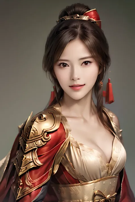 ((The upper body of a female warrior wearing gold and red armor and a cloak:1.4)),1 person,  black hair,  belly shortcut   ,Big breasts and cleavage,  high-definition face and skin texture  ,  staring at the camera,   Chinese Warrior:1.2,  perfect beauty: ...