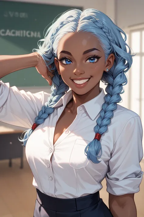 1 black skinned girl with, long light blue box braids, African braids, light blue hair, blue eyes, professional clothes, academic clothes, black skinned girl, chest up only photo, happy 