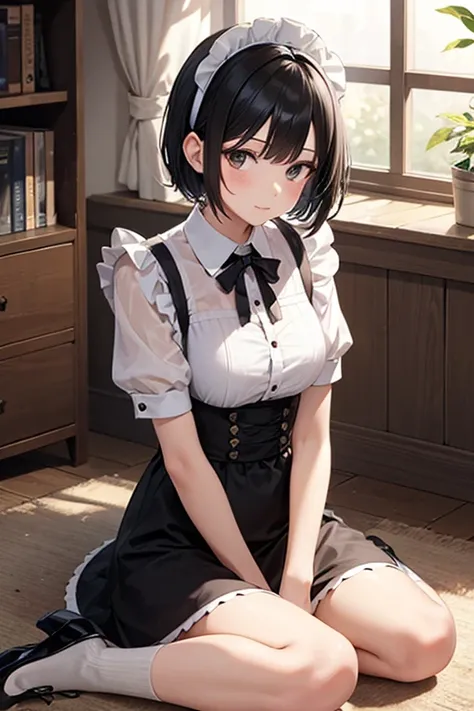 Martha Rose Fernandez, A  girl in maid clothes, short black hair, Sitting upright on the floor, Overlooking, throw