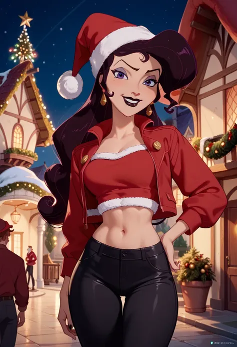 Megara from Disney, Red jacket,  Christmas cap, black lipstick, Makeup purple ,  black pants ,  you can see her navel, in a house. 