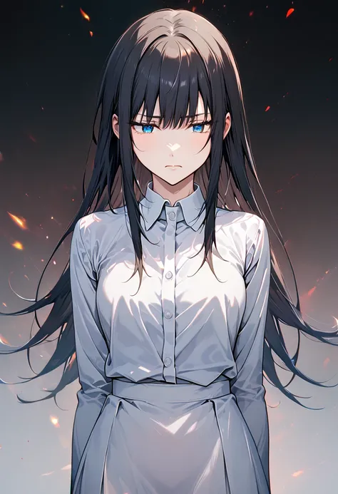 No expression, long hair, blue eyes, black hair, white dress shirt, tight black skirt