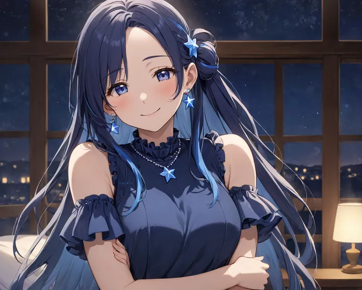 Beautiful healing older sister idol cowboy shot with flushing cheeks, twinkling, dark blue hair, long hair tied on the side, straight hair, blue star hair ornaments, long forehead, calm atmosphere, gentle shy face, cheerful smile, blue star necklace, blue ...