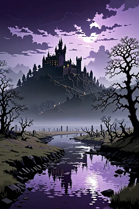  First Image  () :
A dark landscape, mysterious and dramatic ,  typical of dark fantasy .  The cloudy sky is presented with gray and purple pixels ,  under a sky covered by dark and stormy clouds .  ,  and on the horizon you can see a gloomy castle ,  with...