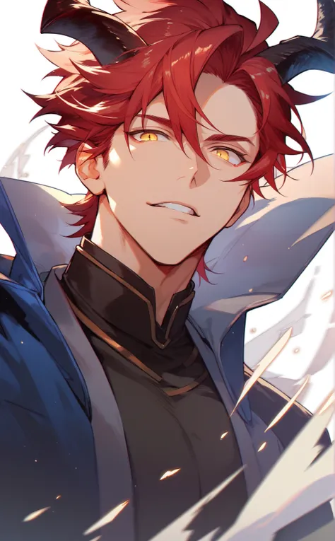 A man with horns, red hair, yellow eyes