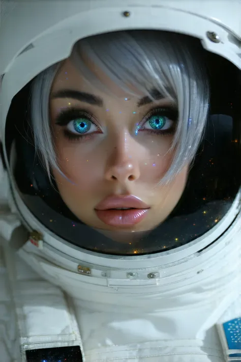 ( A close-up of a better masterpiece :1.5)0.9], (Space and astronauts:1.2) ( Messy silver hair :1.1) ( heterochromia cause xanthochromia and blue eyes:1.2) (Raumhelm:1.0) (Colored stars in the eyes:1.0) (A radiant shine:1.1) ( full lips:0.9)