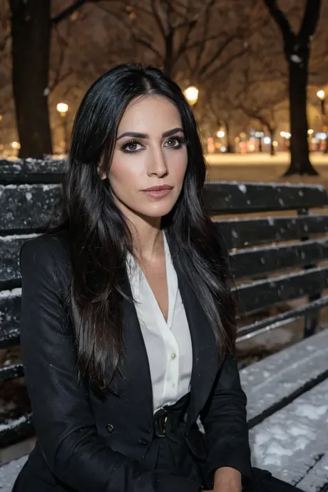 Professional and emotional photograph of a beautiful Spanish woman with long, straight and black hair,  professional makeup , Sitting on a bench in Central Park, at night, snow in piles scattered on the ground, light mist, illuminated skyscrapers. Ultra de...