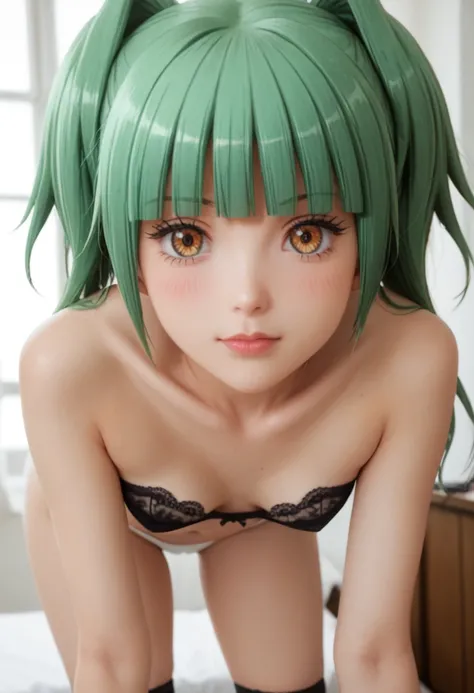 Kayano Kaede (assassination classroom), green hair, long hair, golden eyes, twintails, blush, innocent expression, looking at viewer, slim body, black lace strapless bra, small breasts, slim waist, thick thighs, white nylon thong, large buttocks, kneehighs...