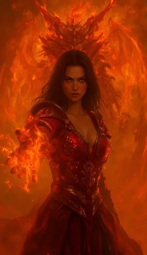 A powerful busty female warrior, with long flowing black hair and intense, fiery eyes, in dynamic action pose, reaching out with her right hand emanating vibrant orange energy. Behind him, a colossal fire dragon materializes from swirling flames, its scale...