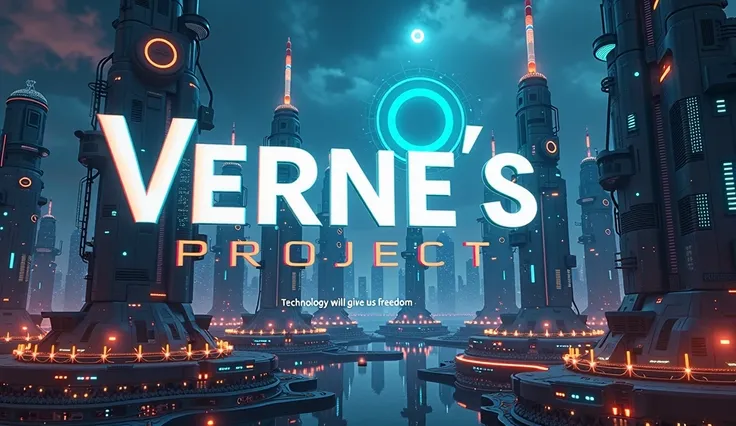 Create a 16:9 futuristic banner inspired by Jules Verne’s utopian vision, showcasing advanced technology, AI elements, and a vibrant sci-fi cityscape. Include subtle references to space exploration (like a rocket or orbiting station) and glowing neon detai...