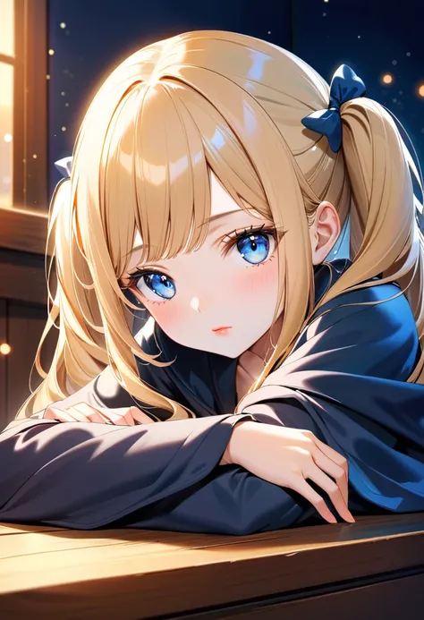 a young girl with long blonde twin tails and blue eyes, wearing a dark blue witchs robe, asleep with her head resting on her arms on a wooden desk in a cozy bedroom setting, serene expression, anime style, highly detailed, masterpiece, 8k, beautiful detail...