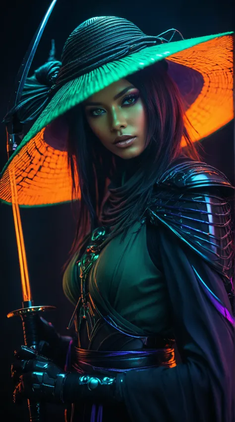  glamour portrait photo , Macro,  a captivating ,  glowing dark green-neon Picture ,  that captures the essence of a cyborg Bedouin sorcerer in combat position ,  expectations ,  by summoning a quirky robotic “freak” from an oversized sedge hat. ethereal, ...