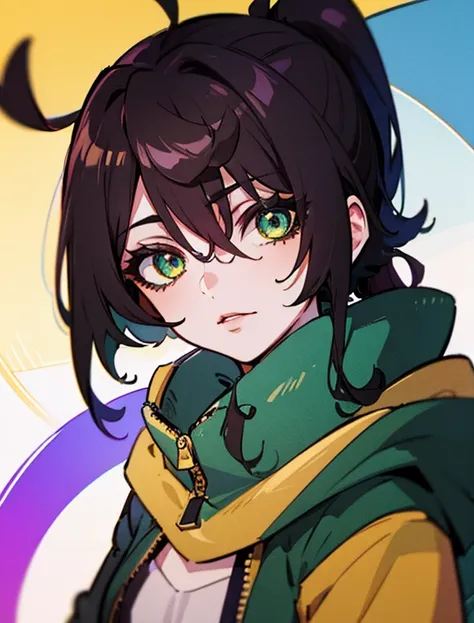 1 Girl，Positive face，Facing the camera，Brown side ponytail，Green eyes，Dark green windbreaker，Golden scarf，Solid color background，Messy bangs