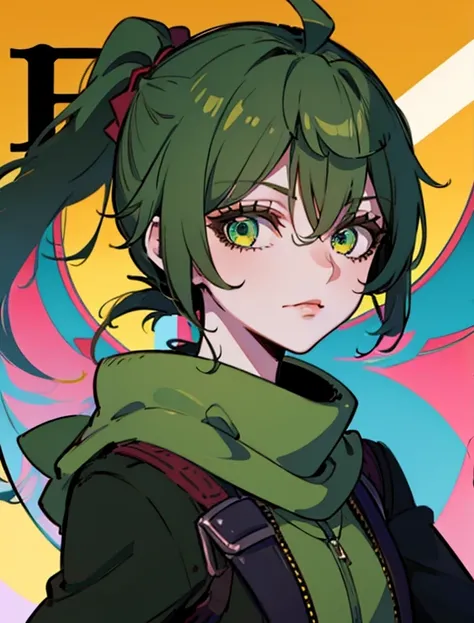 1 Girl，Positive face，Facing the camera，Brown side ponytail，Green eyes，Dark green windbreaker，Golden scarf，Solid color background，Messy bangs