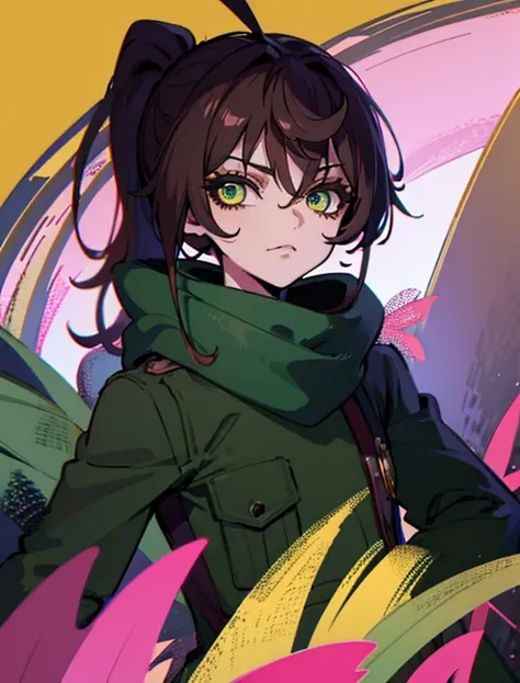 1 Girl，Positive face，Facing the camera，Brown side ponytail，Green eyes，Dark green windbreaker，Golden scarf，Solid color background，Messy bangs