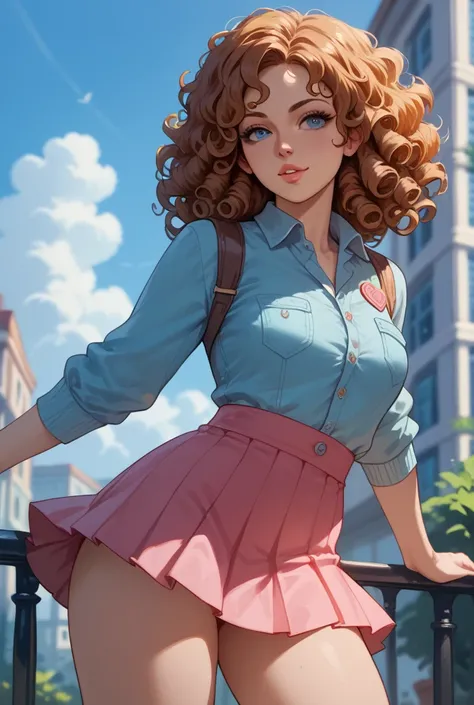 Woman with tight short skirt, straight curly hair 