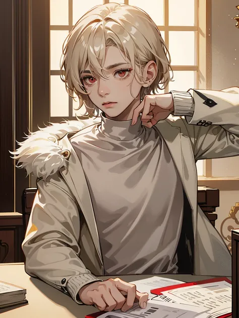 boy, red eyes, cream beige hair. not have expression, sleppy. quiet. solo. wear jacket. so short hair. he little. in luxurious mansion. big eyes. short straight wavy hair. cool boy