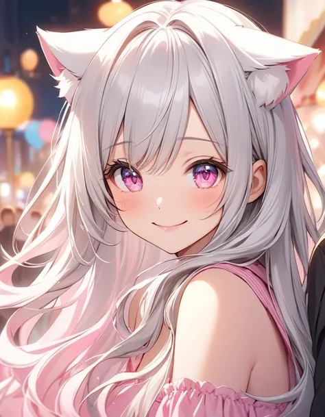 A long-haired girl with silver hair and cat ears looks at me and smiles shyly, cheek to cheek. pink beautiful eyes,Peoples ears are hidden by hair on the side and not visible.