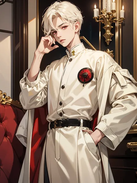 boy, red eyes, cream beige hair. not have expression, sleppy. quiet. solo. wear jacket. so short hair. he little. in luxurious mansion. big eyes. short straight wavy hair. cool boy