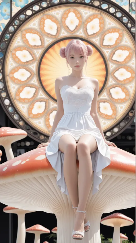 1girl,beautiful 18 year old girl,pink hair in a bun,bare shoulders,sitting on a giant mushroom,elegant,chic,modern,fashionable,muted colors,soft lighting,art nouveau,psychedelic anime style,colorful,trippy,(best quality,4k,8k,highres,masterpiece:1.2),ultra...