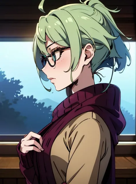 anime style, Young adult woman, with blue right eye and green left eye, short white hair.
He has black rectangular reading glasses..
She is wearing a grey sweater.
She is blushing and disheveled.
The image is for a profile picture.
