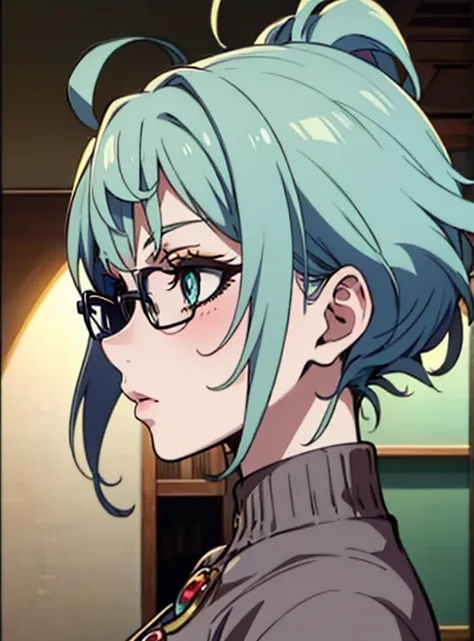 anime style, Young adult woman, with blue right eye and green left eye, short white hair.
He has black rectangular reading glasses..
She is wearing a grey sweater.
She is blushing and disheveled.
The image is for a profile picture.
