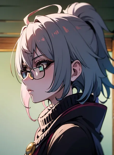 anime style, Young adult woman, with blue right eye and green left eye, short white hair.
He has black rectangular reading glasses..
She is wearing a grey sweater.
She is blushing and disheveled.
The image is for a profile picture.
