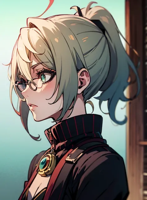 anime style, Young adult woman, with blue right eye and green left eye, short white hair.
He has black rectangular reading glasses..
She is wearing a grey sweater.
She is blushing and disheveled.
The image is for a profile picture.
