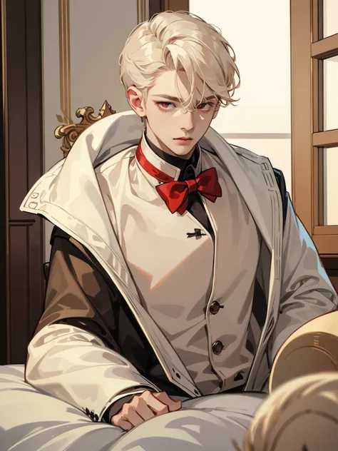 boy, red eyes, cream beige hair. not have expression, sleppy. quiet. solo. wear jacket. so short hair. he little. in luxurious mansion. big eyes. short straight wavy hair. cool boy.. little. boy. short. cute