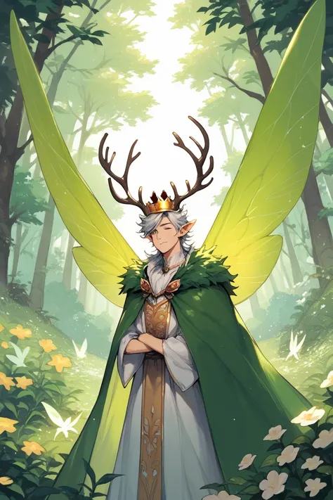 oberon, male, king of the fairies, stag antlers adorned by a crown, silver and green flowy hair, flowing cloak of nature with flowers and moss, large seethrough wings