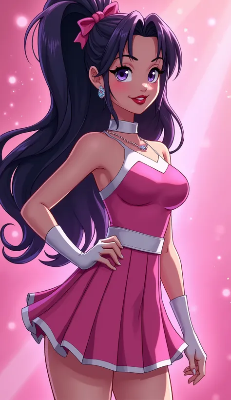 ( Close up ) , ( Close up from top of head to bottom of thigh ), (Carol Ferris from DC Super Hero Girls 2019), (long purplish-black hair ), (ponytail hairstyle), (sparkly purplish-black hair), (purplish-black hair elegant) (Dark purplish-black hair), (Caro...