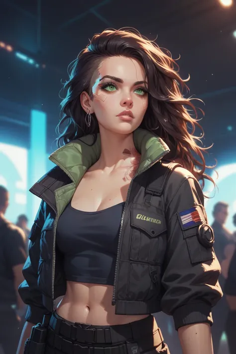  a female killer ,  with green eyes ,  loose hair clothing,  long and dark brown ,  wears black tactical cyberpunk urban clothing,  with a crystal sword in his hand . In concert art style 