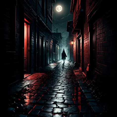 An eerie, shadowy creature in a tattered red cloak, standing menacingly in a dark alley at night. The creatures silhouette is shrouded in darkness, with sharp, jagged details on its form. It holds a large, rusted, weathered bell in one hand, the bell promi...