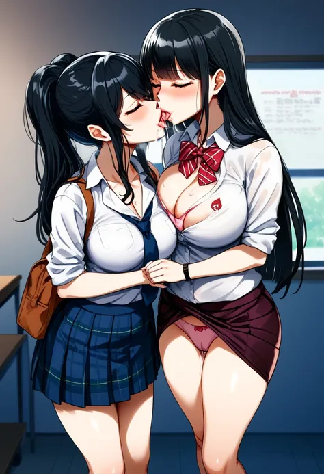   two women, Teachers and students,  black hair , One is tall, Gyaru gal,  skirt,   Gal Schoolgirl Clothes  , girl kissing  ,  saliva is dripping from my mouth,  panties, Modest clothing,   big woman standing up and kissing, 手が相手の skirtの中を触る, safe for work...