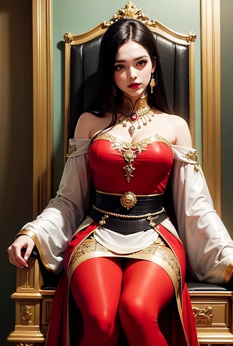 Empress of Rome with black hair and red lipstick seated on a Roman throne 