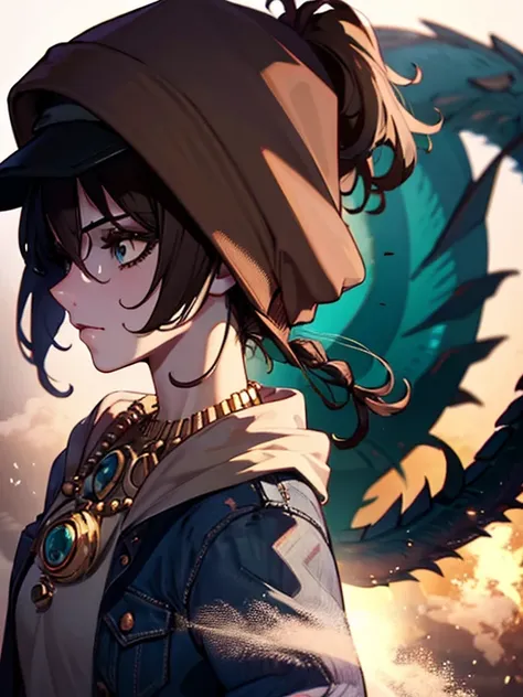 A female anime character in profile, with brown hair in half-undone braids and a worn denim cap, a grey sweatshirt with a picture of a black dragon, with almost gray brown skin. That can be seen up to the chest. With a Saturn necklace